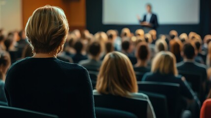 Audience watching speaker in auditorium, business presentation with copy space