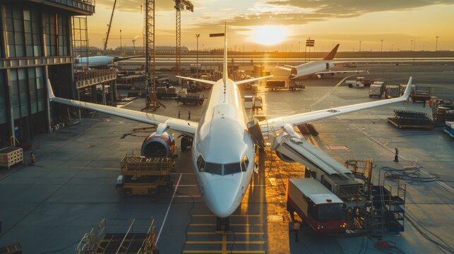 An airplane is being serviced at the airport during sunset, with the sky casting a golden hue over the terminal and the visible aircraft, symbolizing global travel.