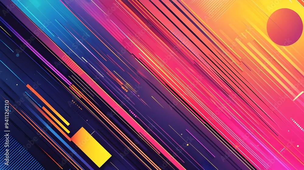 Poster a vibrant and modern background featuring abstract geometric shapes and lines in a blend of bold col