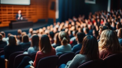Audience watching speaker in auditorium, business presentation with copy space