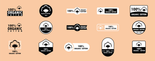 Cotton, organic 100 icon, flower vector logo for eco and natural bio soft fabric. 100 percent cotton badge for textile clothes, green vegan cosmetics and sanitary hygienic pads