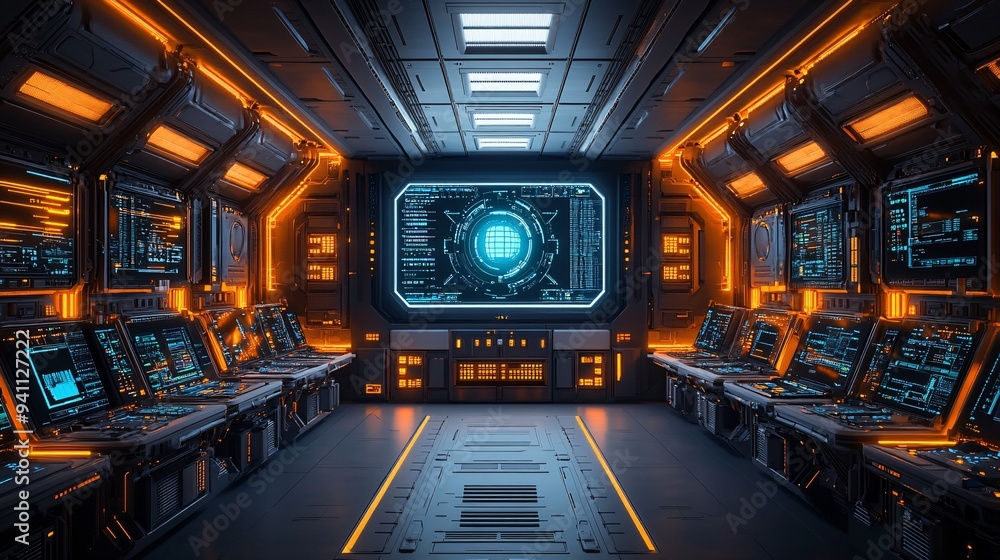 Leinwandbilder A futuristic control room with a central screen displaying real-time AI data analysis surrounded by rows of computers and monitoring equipment Stock Photo with copy space