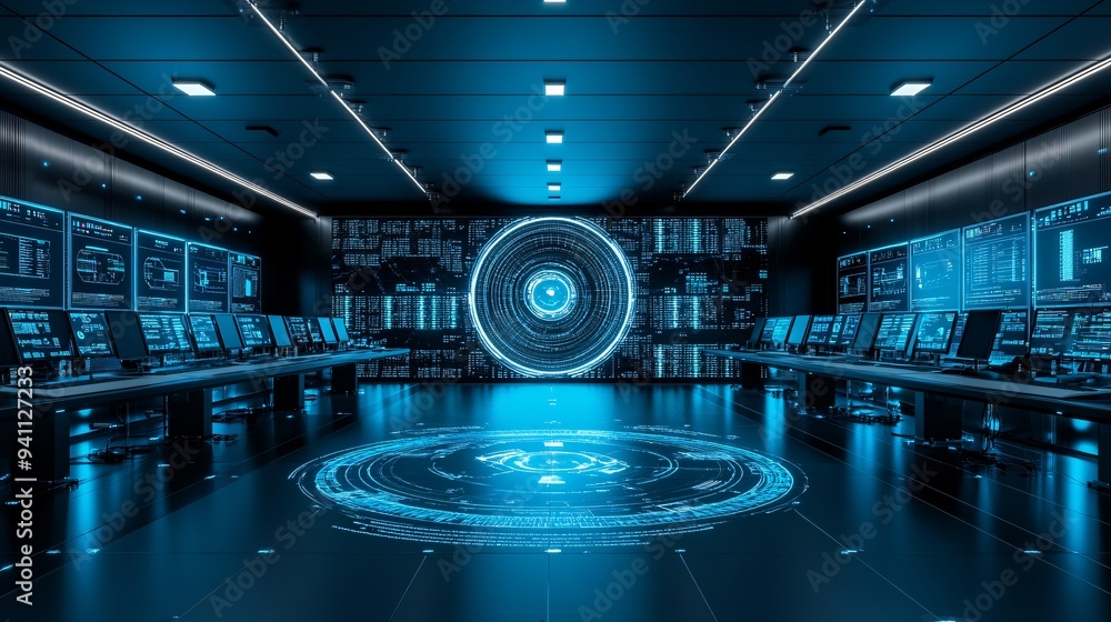 Poster A futuristic control room with a central screen displaying real-time AI data analysis surrounded by rows of computers and monitoring equipment Stock Photo with copy space