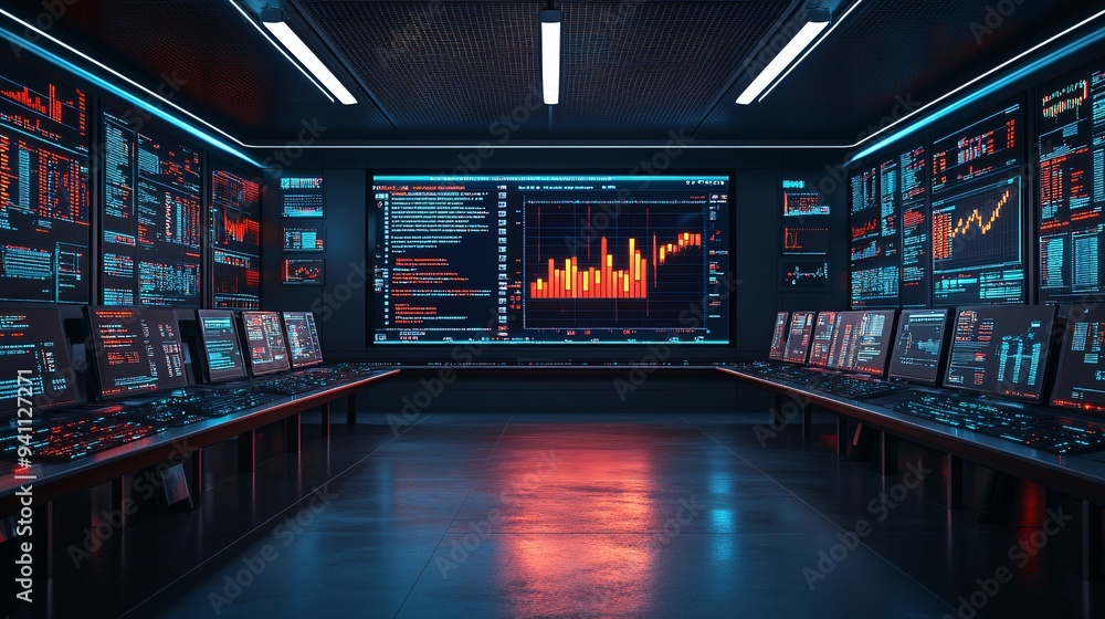 Poster A futuristic control room with a central screen displaying real-time AI data analysis surrounded by rows of computers and monitoring equipment Stock Photo with copy space