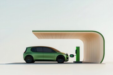 Futuristic EV car charging wirelessly at an eco-friendly solar station, green technology, 3D illustration
