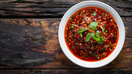 Spicy szechuan chili oil with coriander in a bowl on a rustic wooden table adds a fiery kick to any dish