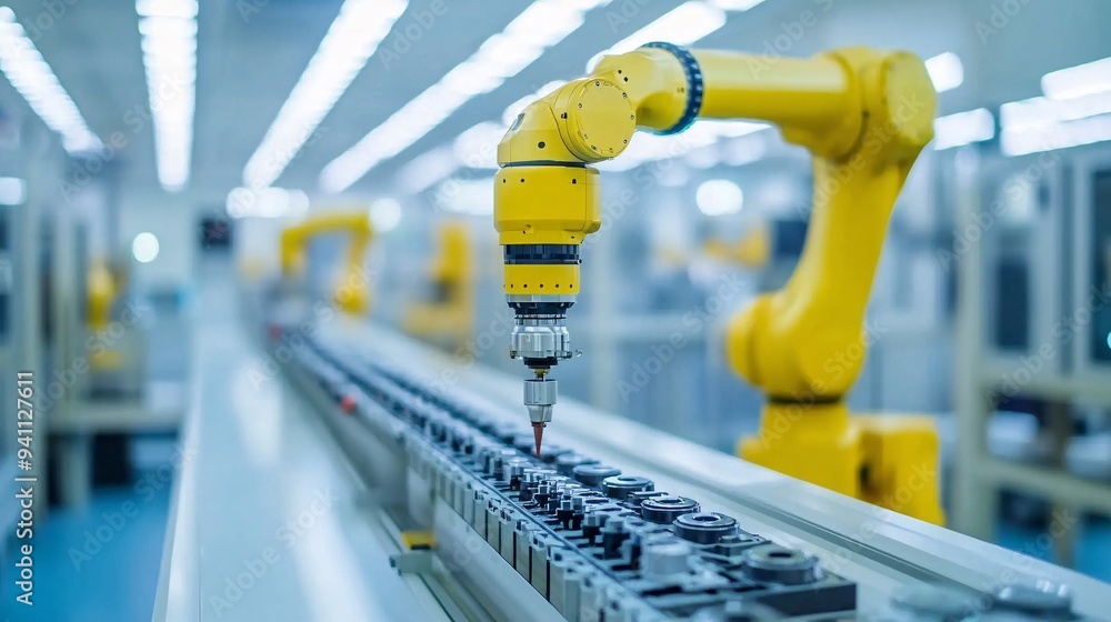 Aufkleber an ai-powered robotic arm assembling intricate components in a manufacturing plant highlighting the 