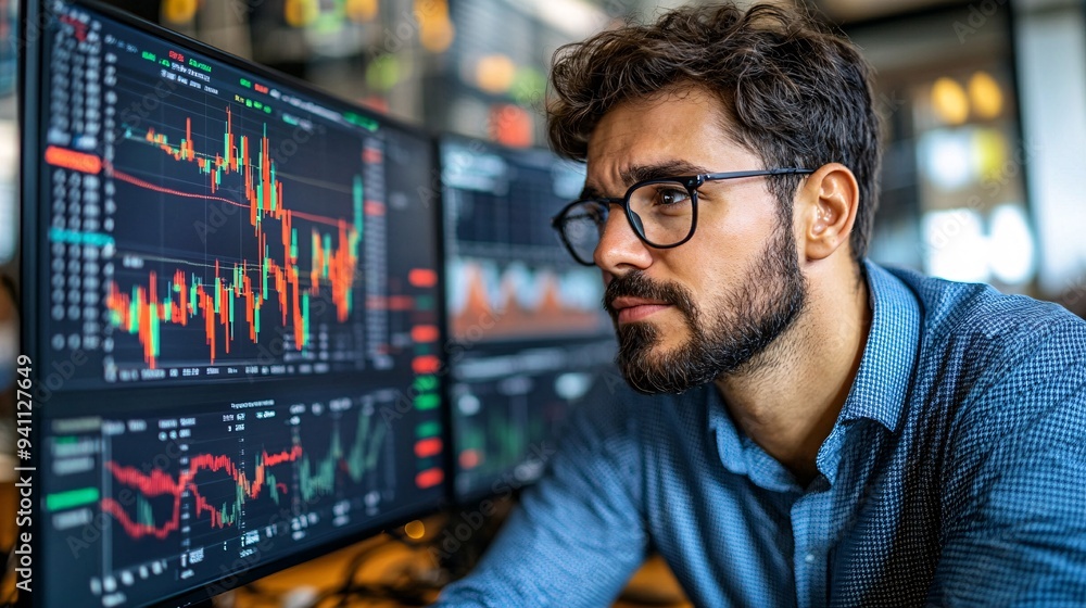 Poster A financial analyst studying complex market data on multiple monitors with AI algorithms providing real-time predictions Stock Photo with copy space