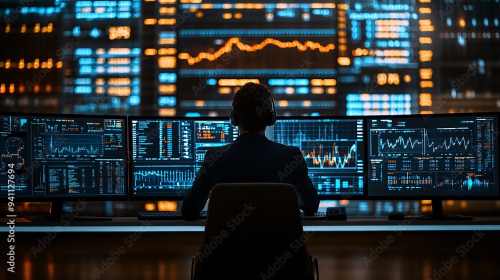 Poster A financial analyst studying complex market data on multiple monitors with AI algorithms providing real-time predictions Stock Photo with copy space