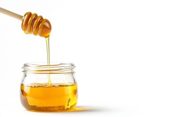 Carefully drizzling honey from a traditional wooden stick dipper into glass jar on white background