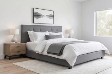 Modern Bedroom with Grey Upholstered Bed and White Bedding