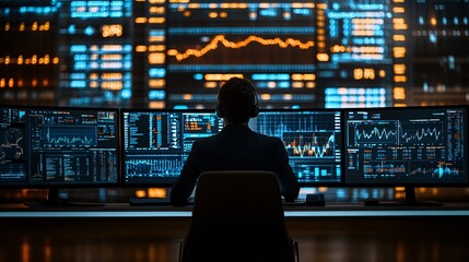 A financial analyst studying complex market data on multiple monitors with AI algorithms providing real-time predictions Stock Photo with copy space