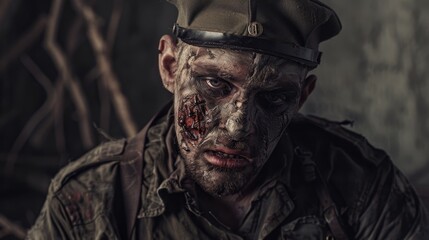 Fototapeta premium A weathered soldier with a gruesome facial wound and haunting eyes sits in a dark, eerie setting, evoking a sense of horror and despair.