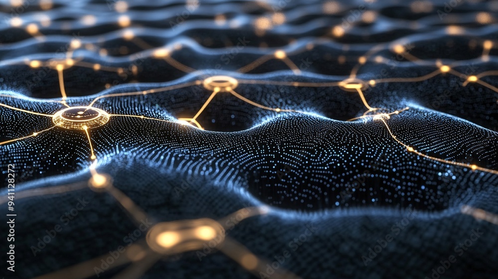 Poster An abstract visualization of AI as a glowing neural network connecting various points of data across a dark background Stock Photo with copy space