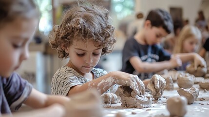 Children engaged in creative clay modeling, exploring art and fostering imagination through hands-on learning and play.