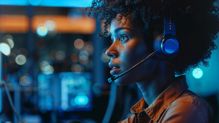 African American call center operator, in profile, with curly hair, dark skin, wearing headset in high-tech room, handling emergency and technical support calls