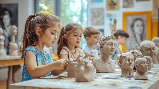 Children engaged in sculpting clay figures in a bright art studio, showcasing creativity and teamwork in a fun environment.