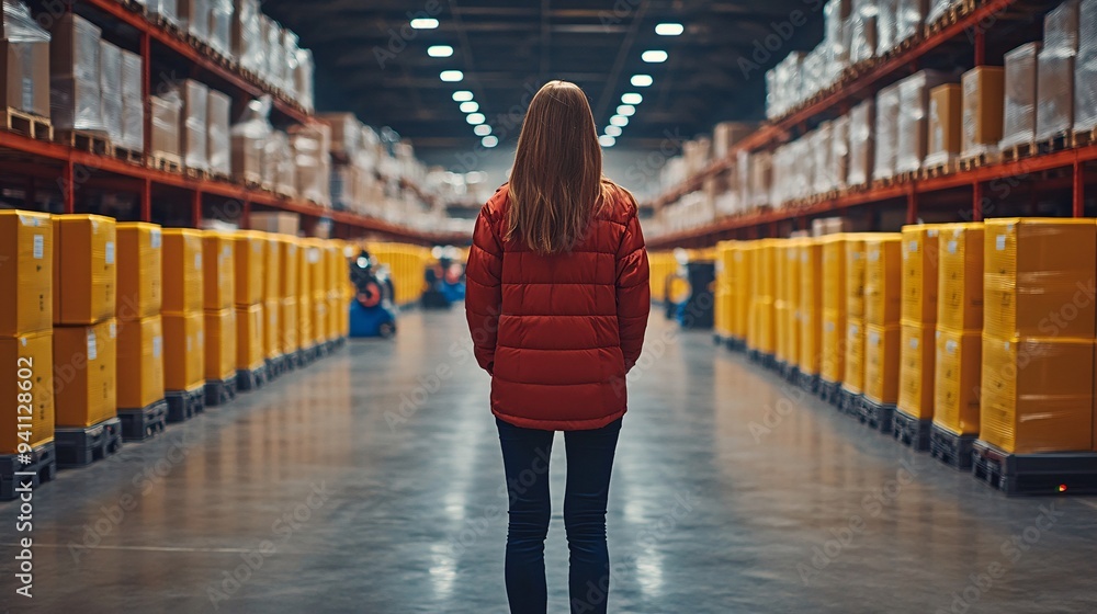 Poster A logistics manager in a warehouse tracking shipments with AI software as autonomous robots move packages in the background Stock Photo with copy space