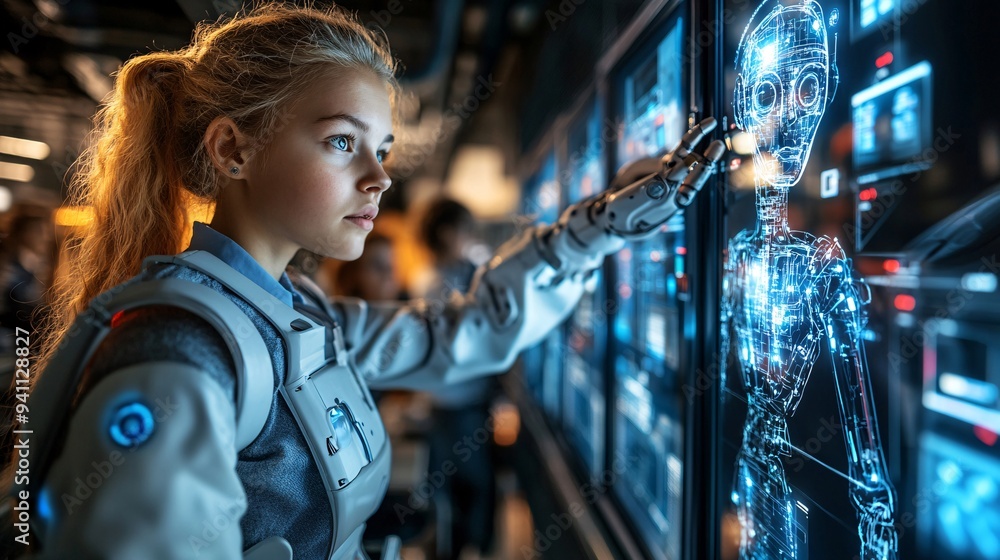 Poster A classroom setting where students are learning with the aid of an AI-powered educational tool demonstrating the future of AI in education Stock Photo with copy space