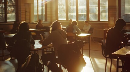 Obraz premium A sunlit classroom with students absorbed in studying, highlighting the warmth and focus of academic life.