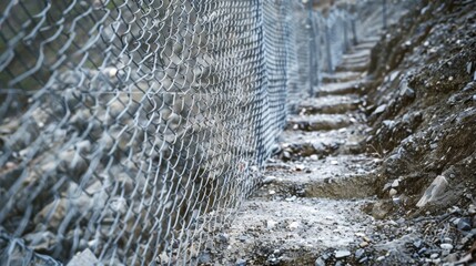A close-up of a chain-link fence along a path, emphasizing texture and perspective as it stretches into the distance.