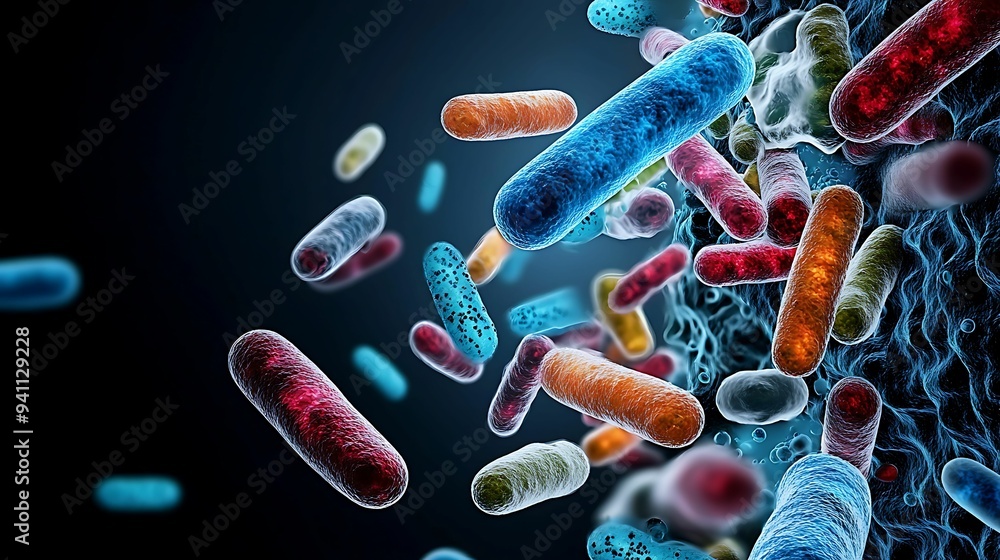 Poster intriguing macro view of bacteria colonies on surface with copy space, microscopic world exploration