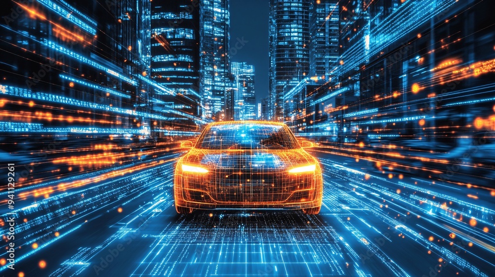 Poster An autonomous vehicle navigating through a busy city street with sensors and AI systems ensuring safe travel Stock Photo with copy space