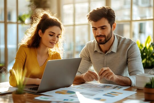 A young, diverse couple collaborates on a project in a modern, sunny office, using a laptop and printed charts to brainstorm and analyze data.