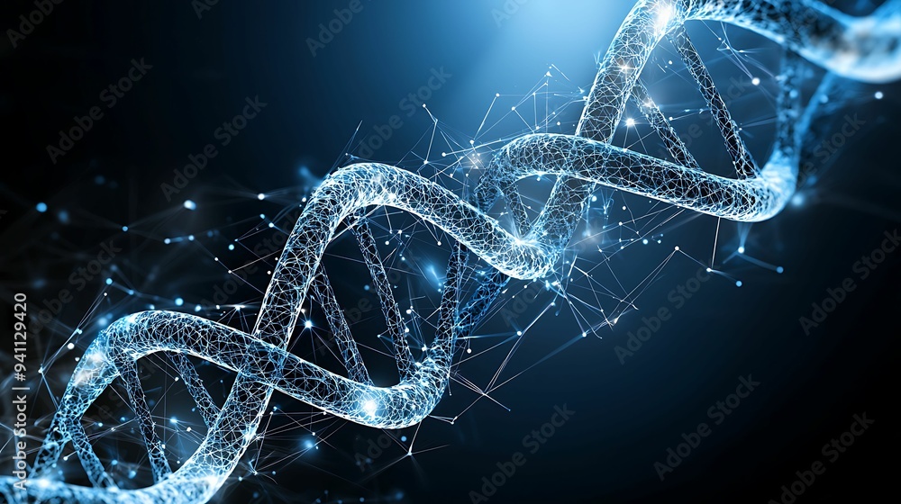Poster futuristic dna strand visualization in high-tech genetic research environment with copy space for te