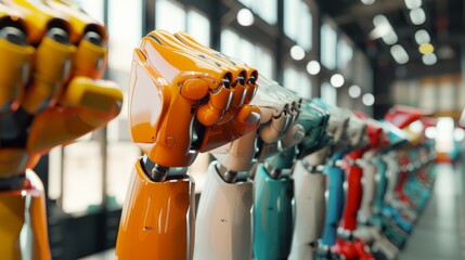 Rows of colorful robotic arms lined up, standing ready for production in a high-tech manufacturing facility.