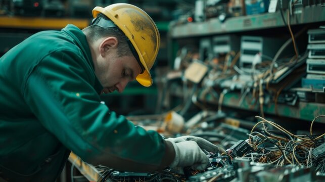 A factory worker in a yellow hardhat carefully examines wiring on a cluttered workbench, embodying concentration and technical expertise in an industrial setting.