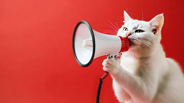 Funny white cat screams with a white loudspeaker on a red background, creative idea. Fun pet kitten speaks into a megaphone. Management and advertising, concept	