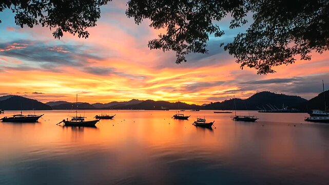 Tropical dusk in Asia, Labuan Bajo, lush foliage elegantly frames the harbor, as the vibrant colors of the sunset paint the sky, creating a serene and picturesque tropical scene