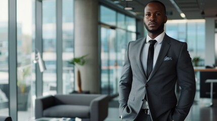 Fototapeta premium A confident, well-dressed man poses in a modern office with large windows, exuding professionalism and determination.