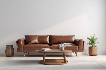 Brown Leather Sofa with Wooden Coffee Table in a Minimalist Living Room