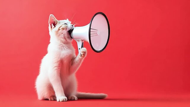 Funny white cat screams with a white loudspeaker on a red background, creative idea. Fun pet kitten speaks into a megaphone. Management and advertising, concept	