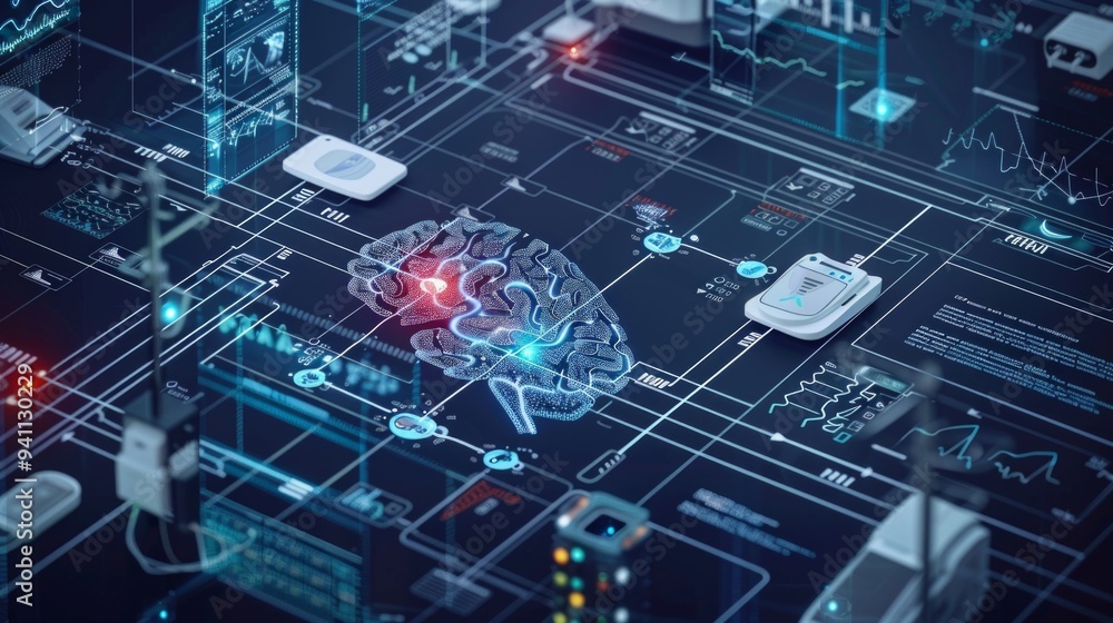 Poster a graphical representation of an icu network with medical devices and ai systems illustrating real-t