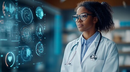 Focused Female Doctor Analyzing Digital Medical Interface - Modern Healthcare and Technology