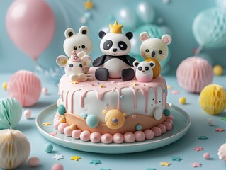 Obraz premium A colorful birthday cake decorated with adorable panda and animal figurines, surrounded by balloons and sprinkles.