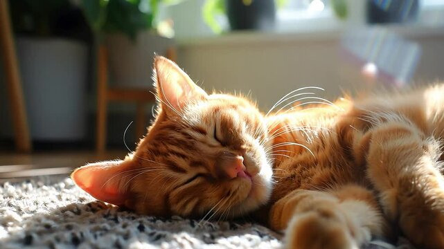 Happy cute orange cat sleeping on carpet in living room with a sunbeam shinning through the window	