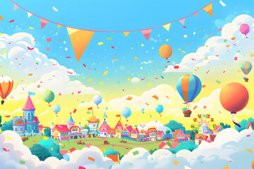 カラフルなパレードの町並み。 遊園地の華やかなお祭り気分