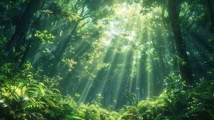Obraz premium Sunlight Filtering Through Dense Forest Canopy
