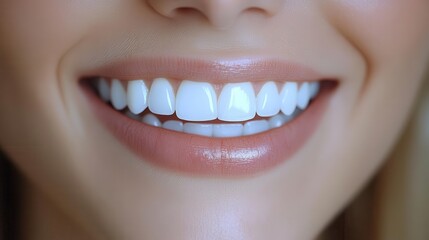 Fototapeta premium closeup of dazzling white teeth and full lips in a perfect smile soft focus dental instruments nearby suggest professional care clean bright aesthetic with subtle blue tones