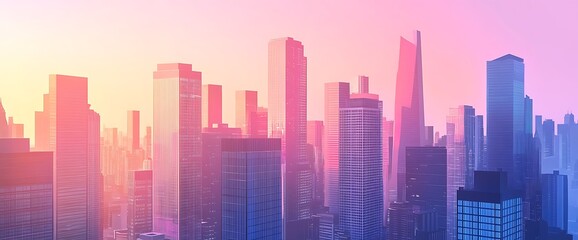 Fototapeta premium Cityscape silhouette at sunset with pink and blue hues.