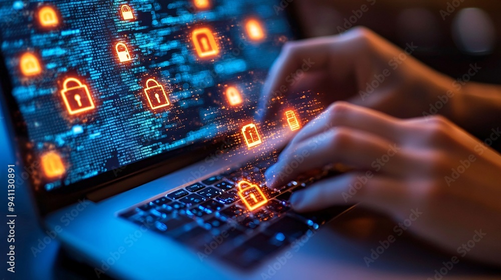 Poster A cybersecurity expert monitoring AI-driven security systems to protect sensitive data from cyber threats Stock Photo with copy space