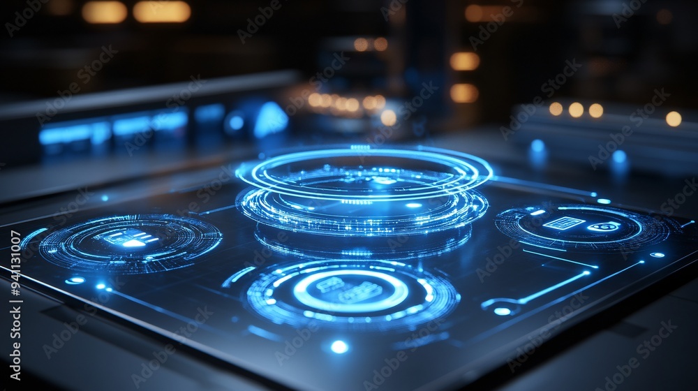Poster A high-tech workspace with holographic AI interfaces allowing professionals to manipulate data in a 3D environment Stock Photo with copy space