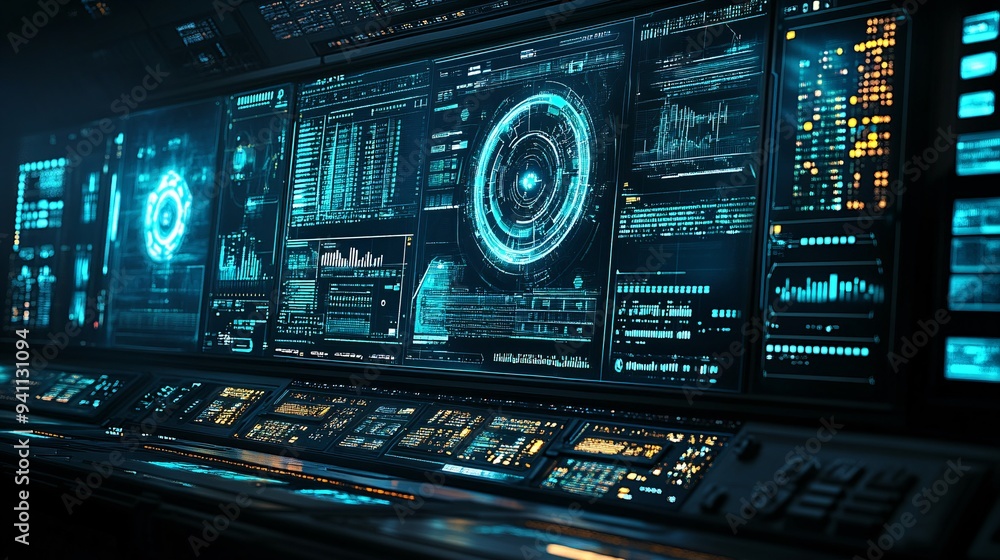 Poster A high-tech workspace with holographic AI interfaces allowing professionals to manipulate data in a 3D environment Stock Photo with copy space