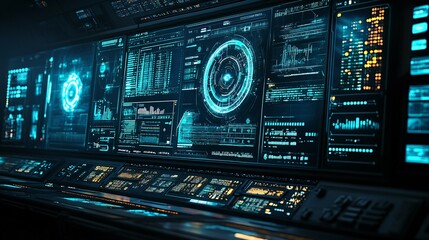 Fototapeta premium A high-tech workspace with holographic AI interfaces allowing professionals to manipulate data in a 3D environment Stock Photo with copy space