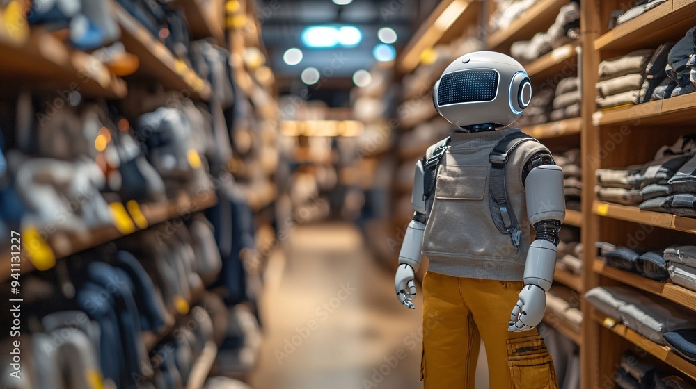 Poster A retail store managed by AI-driven systems where inventory is automatically tracked and customers are greeted by AI assistants Stock Photo with copy space