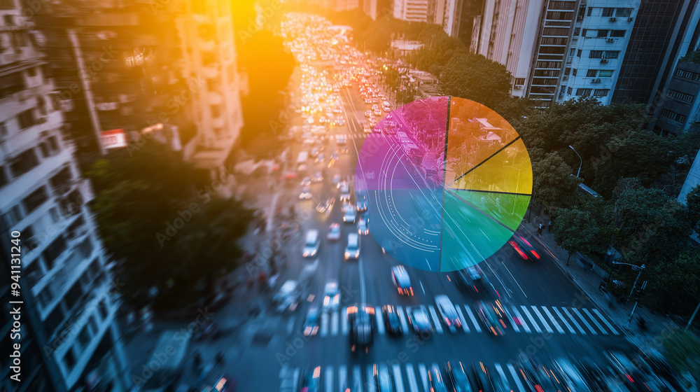 Poster a vibrant pie chart hovers over a busy city, symbolizing the integration of data analytics in sustai